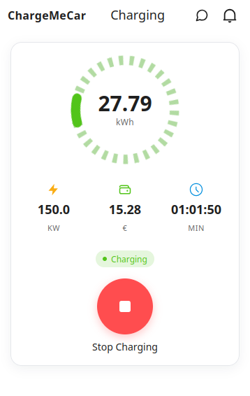 ChargeMeCar Driver - active charging screen