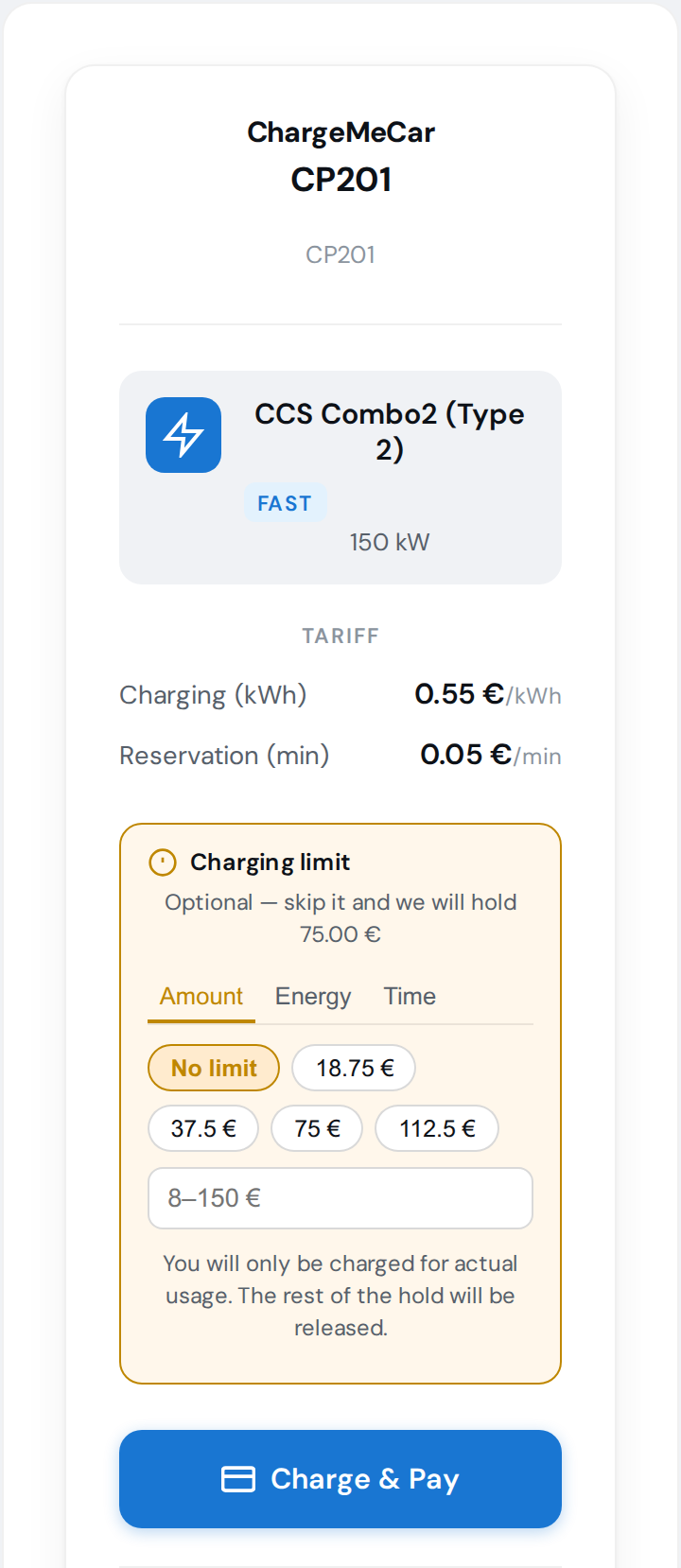 ChargeMeCar Pay - choosing a limit and paying by QR code